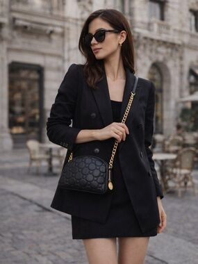 A. Testoni Vintage Quilted Leather Crossbody Bag Black Gold Chain Dome Italy